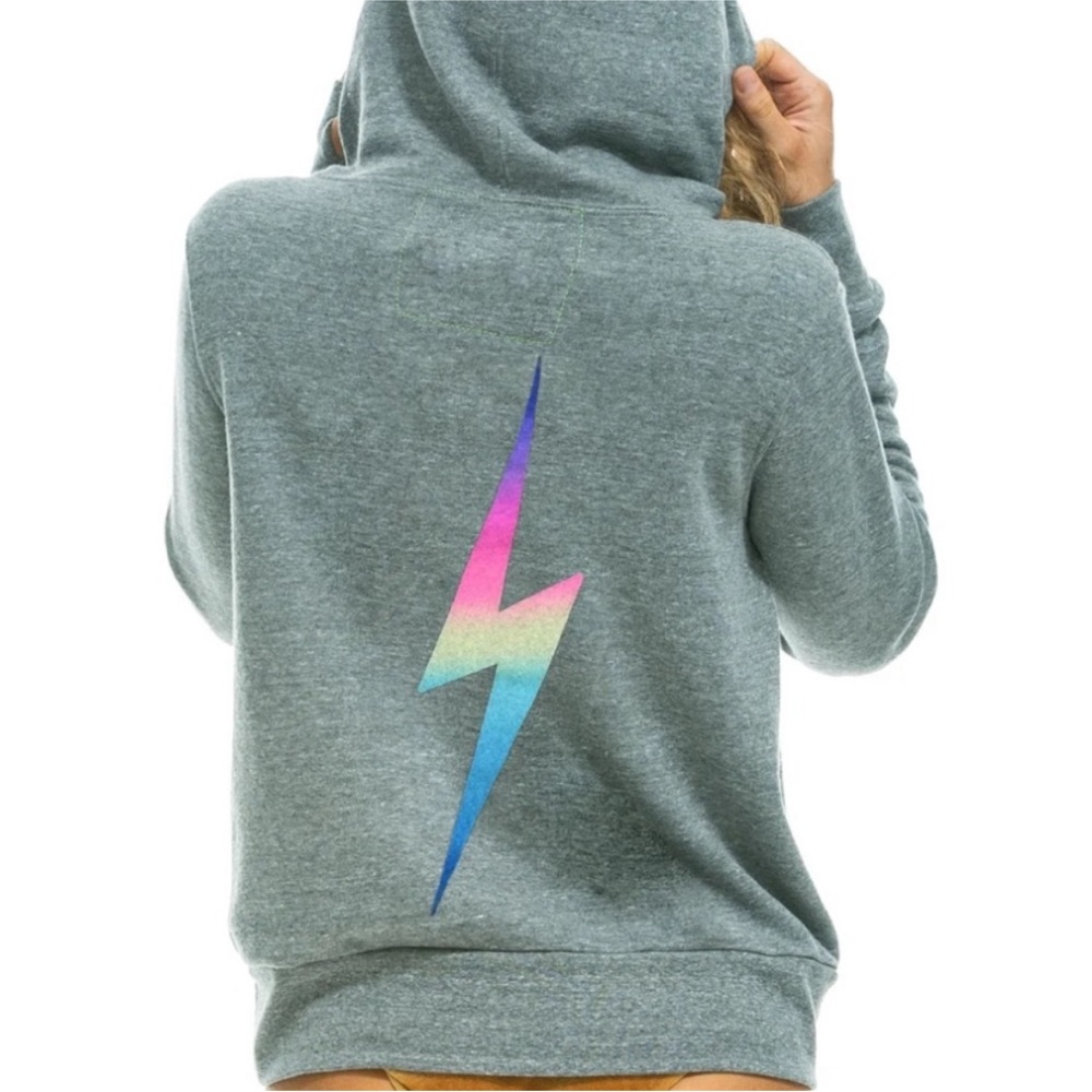 Aviator Nation Gray Hoodie with Rainbow Lightning